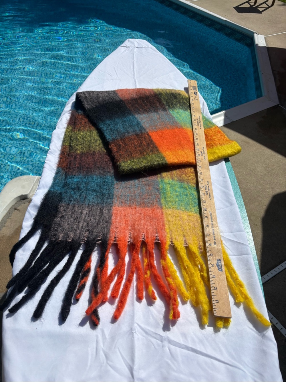 Thick Plush Multicolor Plaid Scarf or Wrap with fringe detail